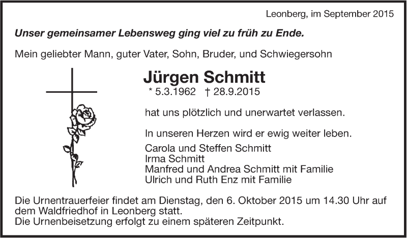  Traueranzeige für Jürgen Schmitt vom 01.10.2015 aus Leonberger Kreiszeitung