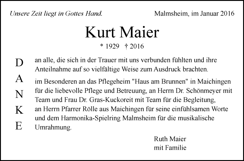  Traueranzeige für Kurt Maier vom 04.02.2016 aus Leonberger Kreiszeitung / Strohgäu Extra