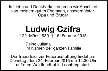Traueranzeige von Ludwig Czifra von Leonberger Kreiszeitung / Strohgäu Extra