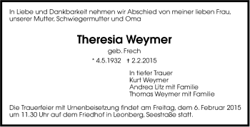 Traueranzeige von Theresia Weymer von Leonberger Kreiszeitung / Strohgäu Extra