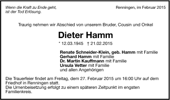 Traueranzeige von Dieter Hamm von Leonberger Kreiszeitung / Strohgäu Extra
