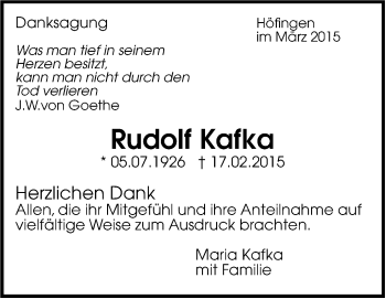 Traueranzeige von Rudolf Kafka von Leonberger Kreiszeitung / Strohgäu Extra