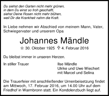 Traueranzeige von Johannes Mändle von Leonberger Kreiszeitung / Strohgäu Extra
