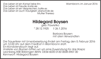 Traueranzeige von Hildegard Boysen von Leonberger Kreiszeitung / Strohgäu Extra