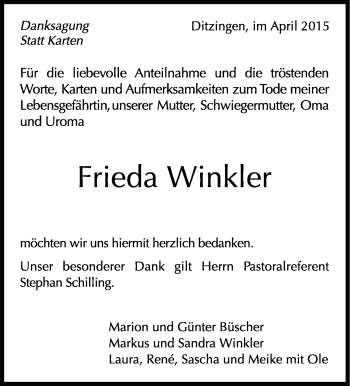 Traueranzeige von Frieda Winkler von Leonberger Kreiszeitung / Strohgäu Extra