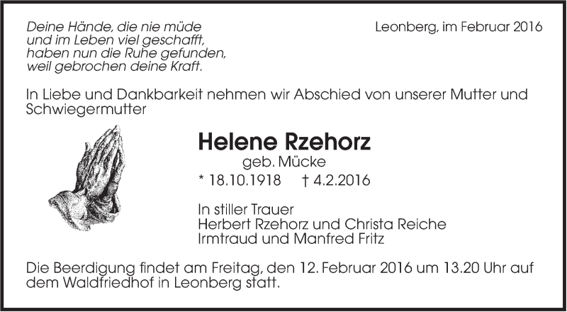  Traueranzeige für Helene Rzehorz vom 06.02.2016 aus Leonberger Kreiszeitung / Strohgäu Extra