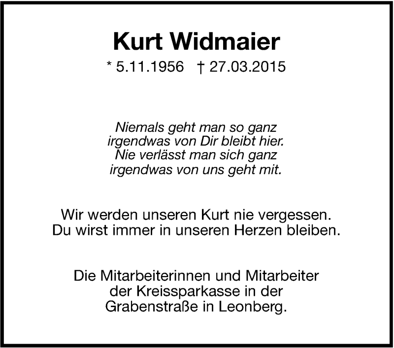  Traueranzeige für Kurt Widmaier vom 31.03.2015 aus Leonberger Kreiszeitung / Strohgäu Extra