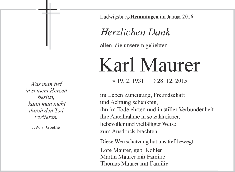  Traueranzeige für Karl Maurer vom 16.01.2016 aus Leonberger Kreiszeitung / Strohgäu Extra