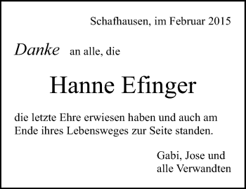 Traueranzeige von Hanne Efinger von Leonberger Kreiszeitung / Strohgäu Extra