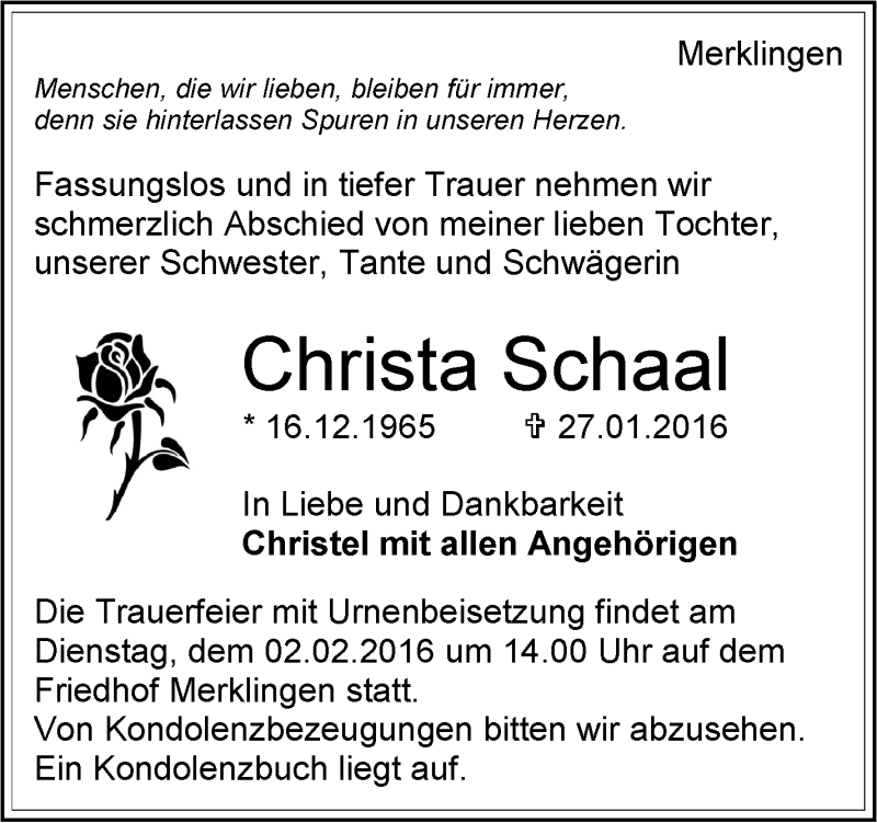  Traueranzeige für Christa Schaal vom 29.01.2016 aus Leonberger Kreiszeitung / Strohgäu Extra
