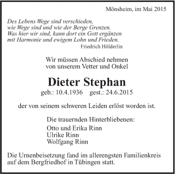 Traueranzeige von Dieter Stephan von Leonberger Kreiszeitung / Strohgäu Extra