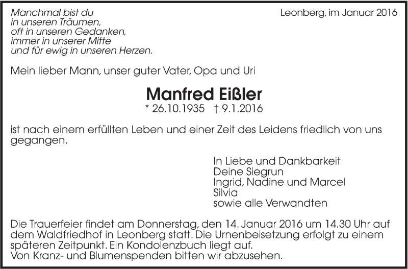  Traueranzeige für Manfred Eißler vom 12.01.2016 aus Leonberger Kreiszeitung / Strohgäu Extra