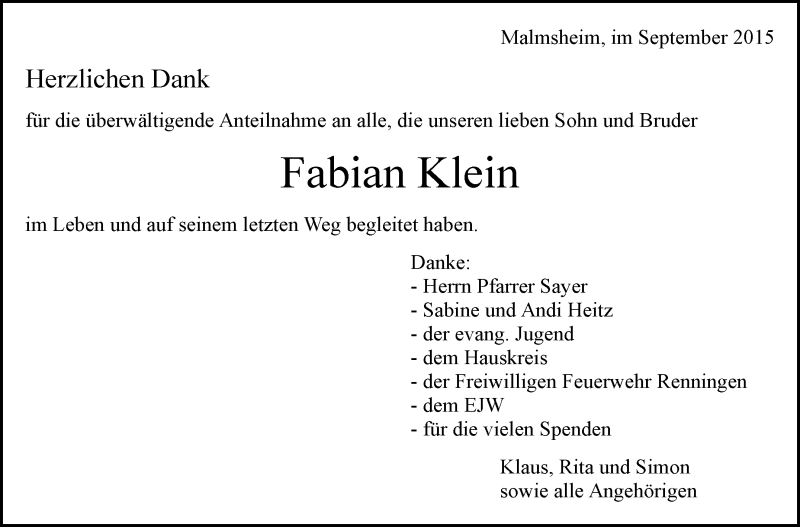  Traueranzeige für Fabian Klein vom 16.09.2015 aus Leonberger Kreiszeitung / Strohgäu Extra