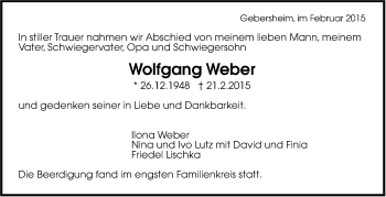 Traueranzeige von Wolfgang Weber von Leonberger Kreiszeitung / Strohgäu Extra