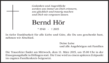 Traueranzeige von Bernd Hör von Leonberger Kreiszeitung / Strohgäu Extra
