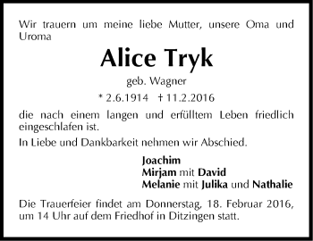 Traueranzeige von Alice Tryk von Leonberger Kreiszeitung / Strohgäu Extra
