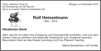 Traueranzeige von Rolf Heinzelmann von Leonberger Kreiszeitung / Strohgäu Extra