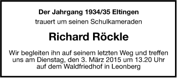 Traueranzeige von Richard Röckle von Leonberger Kreiszeitung / Strohgäu Extra