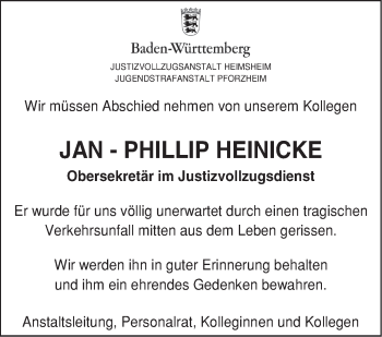 Traueranzeige von Jan-Phillip Heinicke von Leonberger Kreiszeitung / Strohgäu Extra