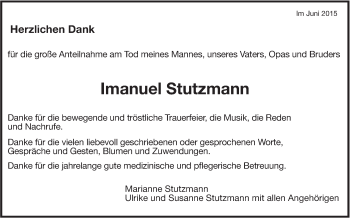 Traueranzeige von Imanuel Stutzmann von Leonberger Kreiszeitung / Strohgäu Extra