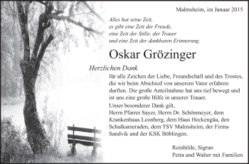 Traueranzeige von Oskar Grözinger von Leonberger Kreiszeitung / Strohgäu Extra