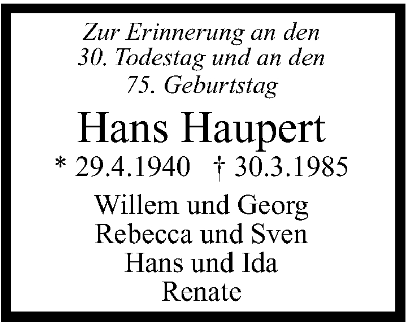  Traueranzeige für Hans Haupert vom 30.03.2015 aus Leonberger Kreiszeitung / Strohgäu Extra