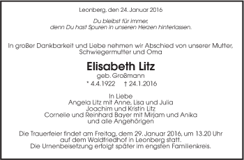 Traueranzeige von Elisabeth Litz von Leonberger Kreiszeitung / Strohgäu Extra