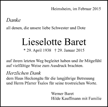 Traueranzeige von Lieselotte Baret von Leonberger Kreiszeitung / Strohgäu Extra