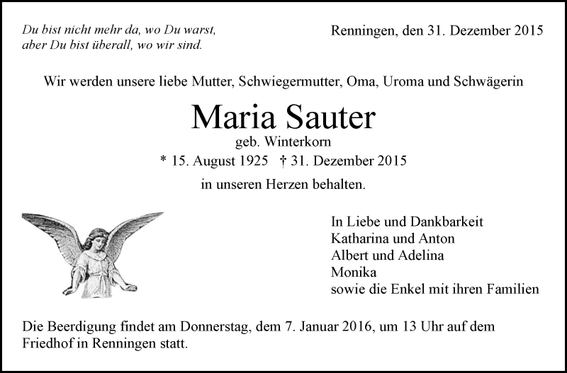  Traueranzeige für Maria Sauter vom 05.01.2016 aus Leonberger Kreiszeitung / Strohgäu Extra