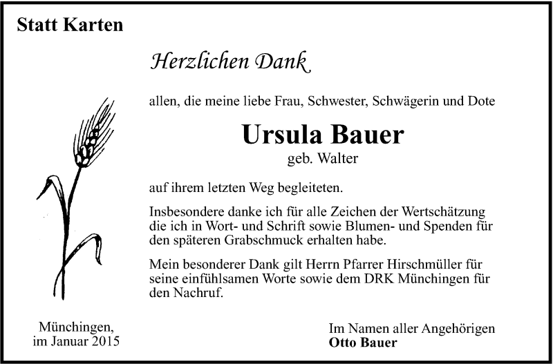  Traueranzeige für Ursula Bauer vom 05.02.2015 aus Leonberger Kreiszeitung / Strohgäu Extra