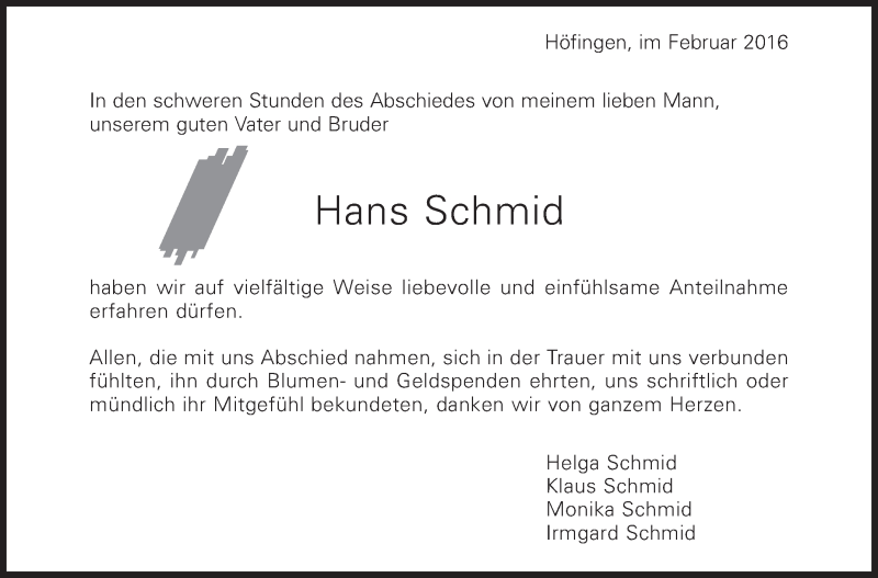  Traueranzeige für Hans Schmid vom 22.02.2016 aus Leonberger Kreiszeitung / Strohgäu Extra
