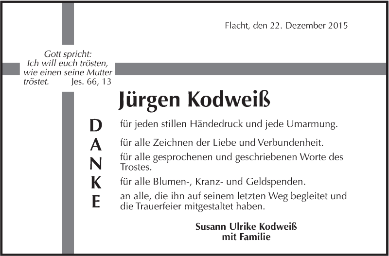  Traueranzeige für Jürgen Kodweiß vom 24.12.2015 aus Leonberger Kreiszeitung / Strohgäu Extra