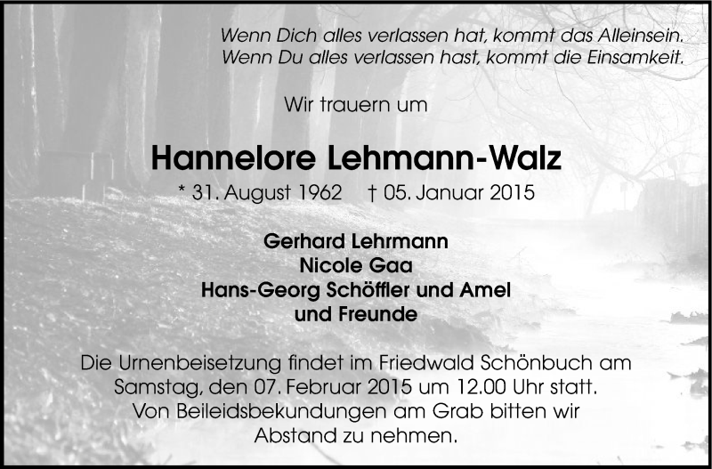  Traueranzeige für Hannelore Lehmann-Walz vom 31.01.2015 aus Leonberger Kreiszeitung / Strohgäu Extra