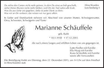 Traueranzeige von Marianne Schäuffele von Leonberger Kreiszeitung