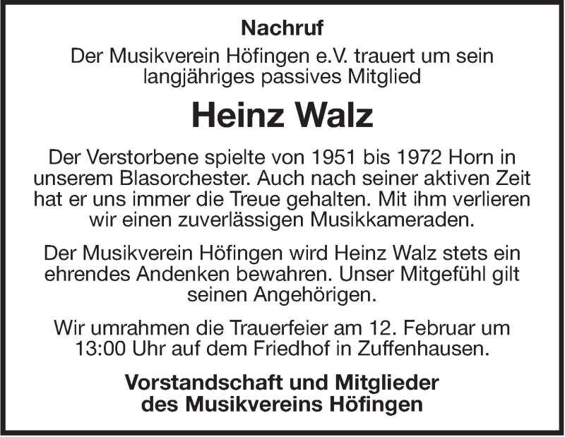  Traueranzeige für Heinz Walz vom 09.02.2016 aus Leonberger Kreiszeitung / Strohgäu Extra