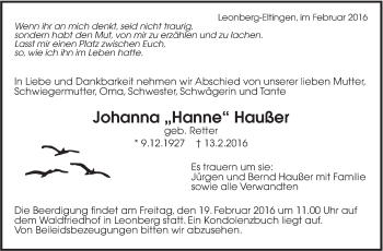 Traueranzeige von Johanna Haußer von Leonberger Kreiszeitung / Strohgäu Extra