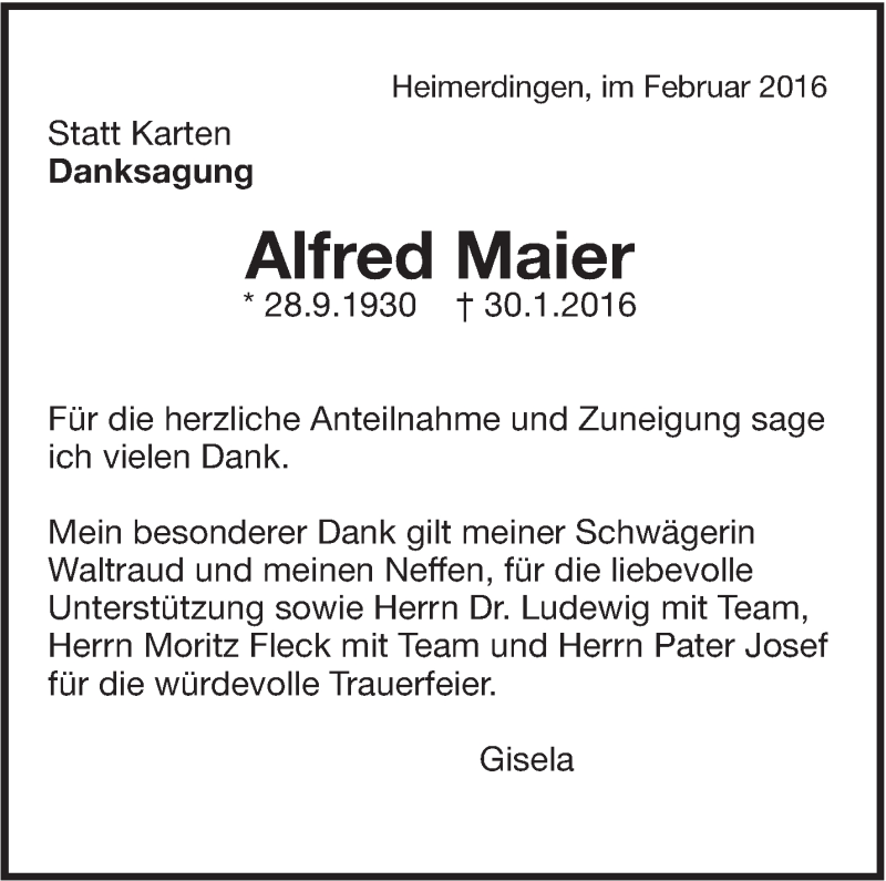  Traueranzeige für Alfred Maier vom 13.02.2016 aus Leonberger Kreiszeitung / Strohgäu Extra