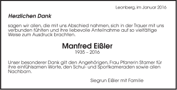 Traueranzeige von Manfred Eißler von Leonberger Kreiszeitung / Strohgäu Extra