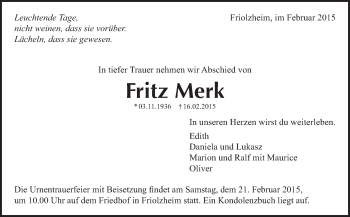 Traueranzeige von Fritz Merk von Leonberger Kreiszeitung / Strohgäu Extra