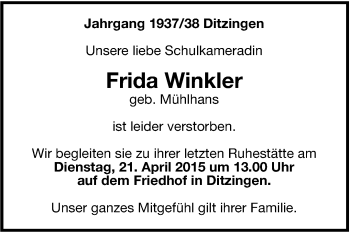 Traueranzeige von Frida Winkler von Leonberger Kreiszeitung / Strohgäu Extra
