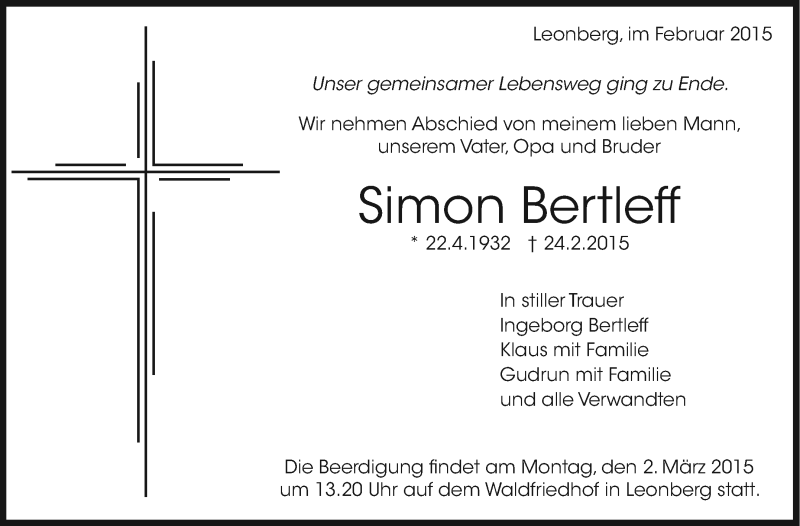  Traueranzeige für Simon Bertleff vom 27.02.2015 aus Leonberger Kreiszeitung / Strohgäu Extra