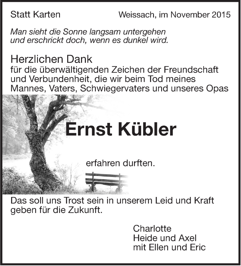  Traueranzeige für Ernst Kübler vom 04.11.2015 aus Leonberger Kreiszeitung / Strohgäu Extra