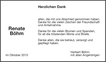 Traueranzeige von Renate Böhm von Leonberger Kreiszeitung / Strohgäu Extra