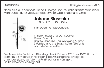 Traueranzeige von Johann Blaschko von Leonberger Kreiszeitung / Strohgäu Extra