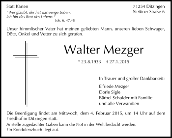 Traueranzeige von Walter Mezger von Leonberger Kreiszeitung / Strohgäu Extra