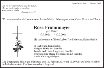 Traueranzeige von Rosa Frohnmayer von Leonberger Kreiszeitung / Strohgäu Extra