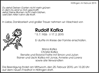 Traueranzeige von Rudolf Kafka von Leonberger Kreiszeitung / Strohgäu Extra