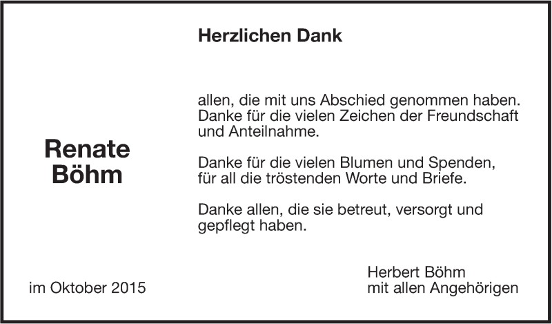  Traueranzeige für Renate Böhm vom 31.10.2015 aus Leonberger Kreiszeitung / Strohgäu Extra