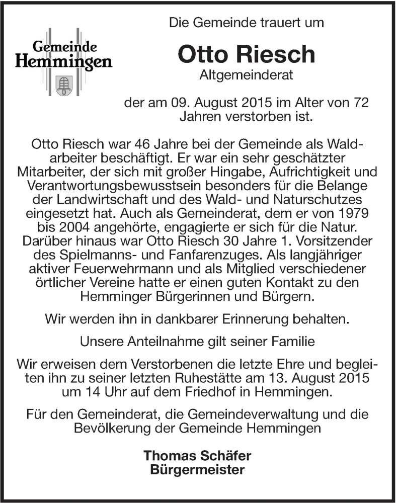  Traueranzeige für Otto Riesch vom 11.08.2015 aus Leonberger Kreiszeitung / Strohgäu Extra