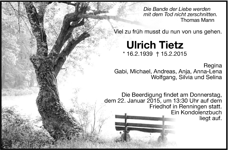  Traueranzeige für Ulrich Tietz vom 20.01.2015 aus Leonberger Kreiszeitung / Strohgäu Extra